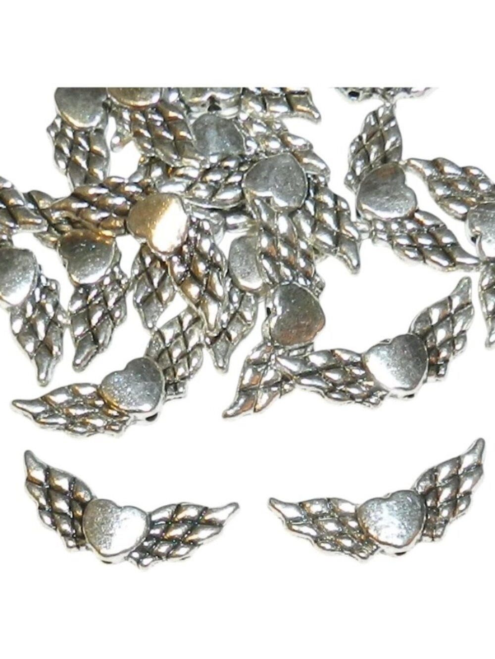 M742 Antiqued Silver 22mm Double-Sided Angel Wings with Heart Metal Beads 20pc